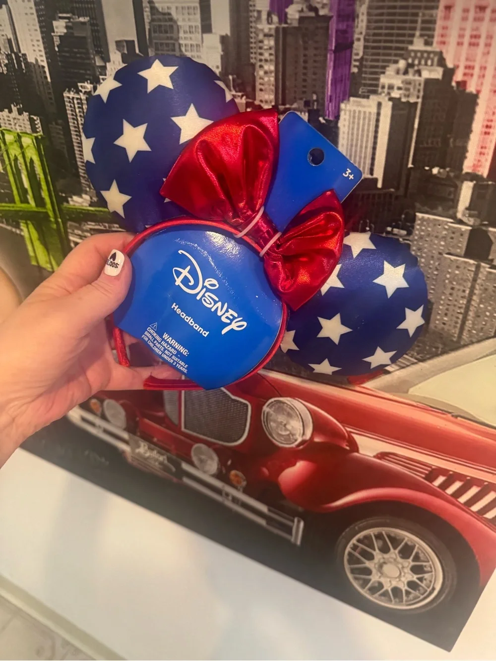 Disney Patriotic Minnie Ear Headband with Red Bow and Navy Star Ears